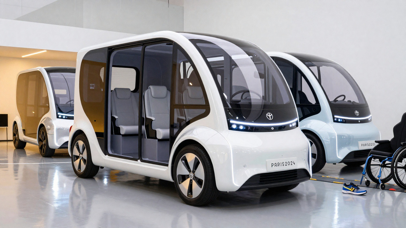 Drei weiße, kompakte Elektrofahrzeuge mit großen Fenstern und modernem Design in einer Ausstellungshalle.