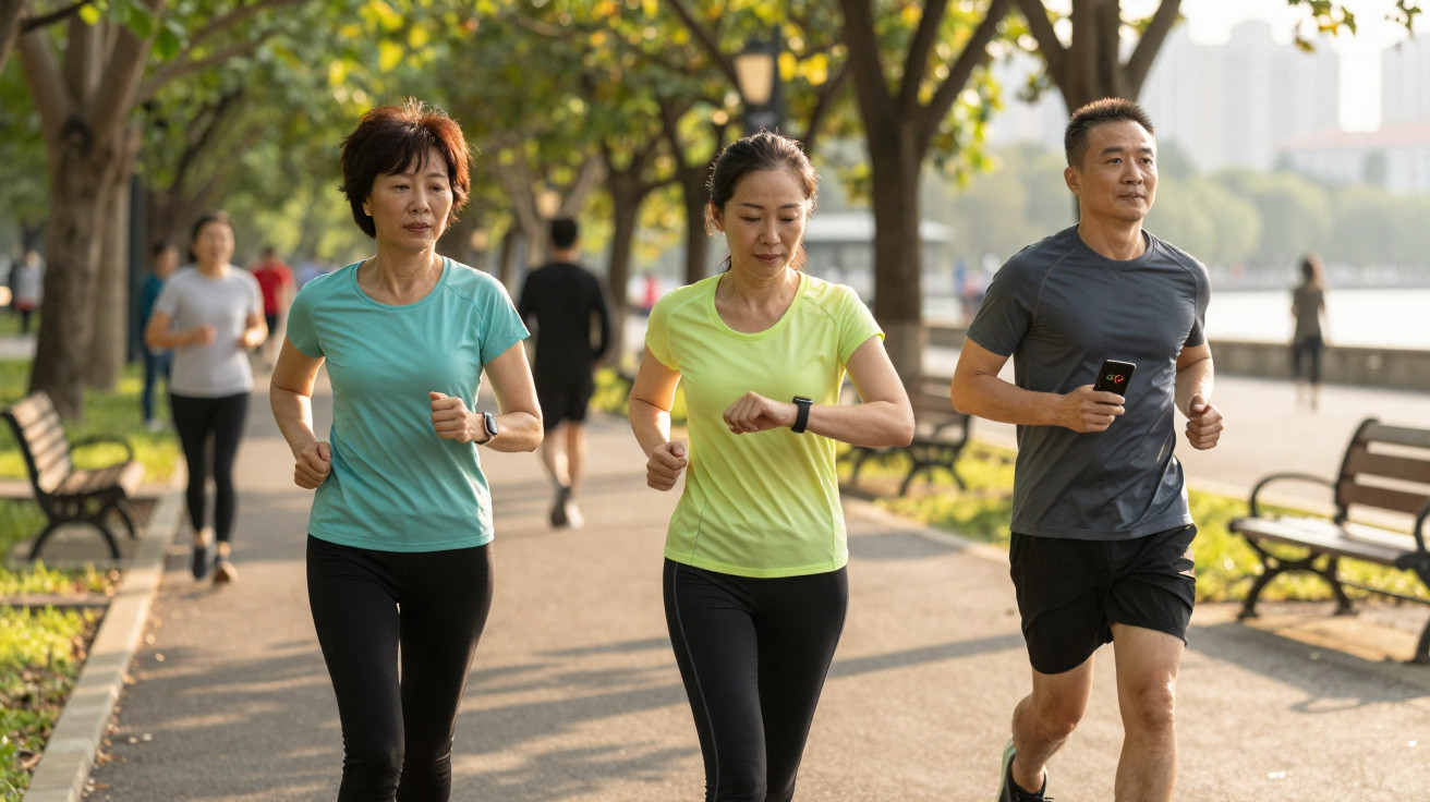 Drei Erwachsene joggen in Sportkleidung an einem sonnigen Tag auf einem baumbestandenen Weg im Park.