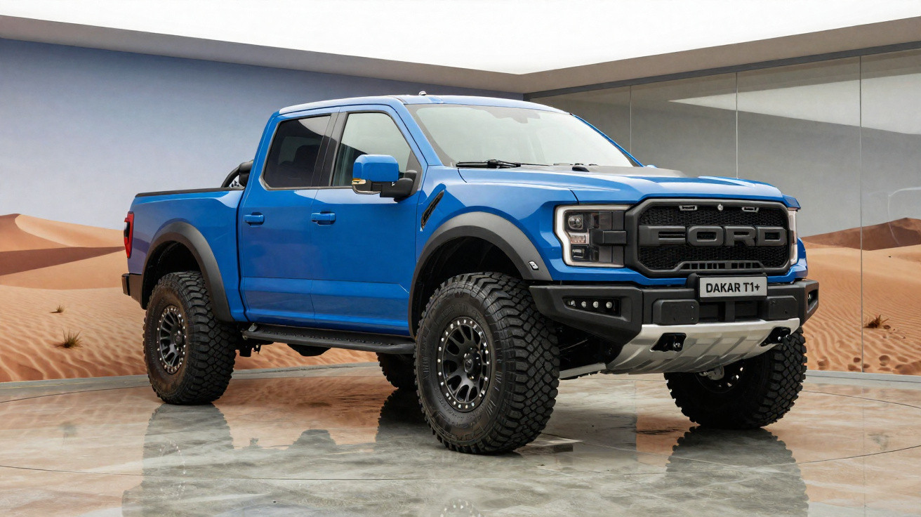 Blauer Ford Pickup Truck Dakar T1+ mit großen Offroad-Reifen in einer modernen Ausstellungshalle.