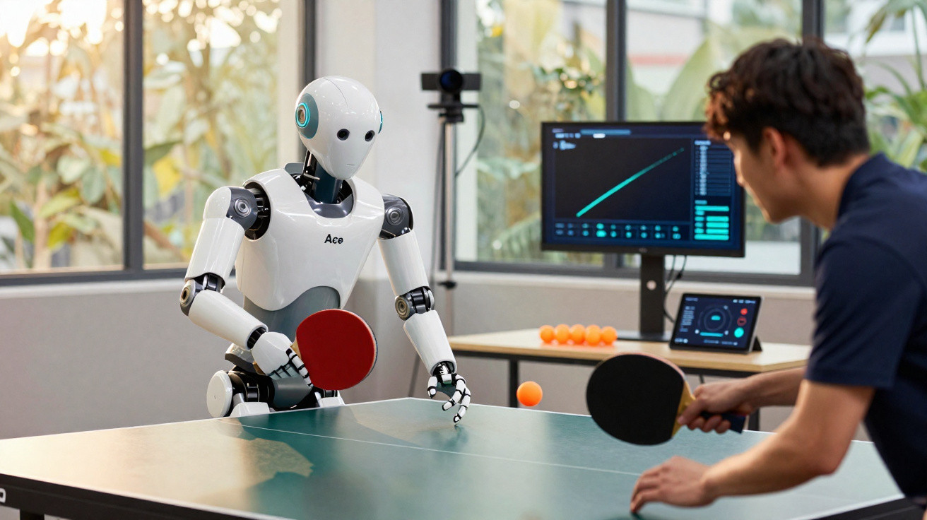 Roboter und Mensch spielen Tischtennis in modernem Raum mit Computeranalyse im Hintergrund.