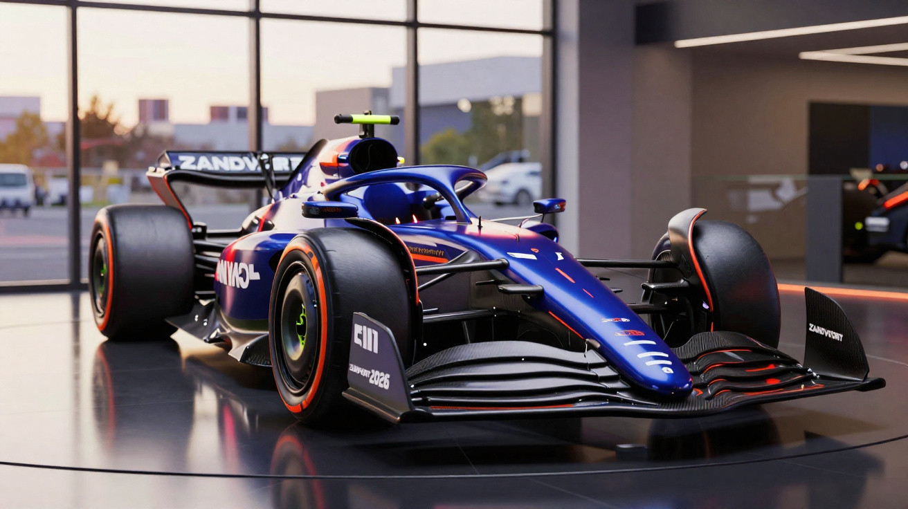 Blauer Formel-1-Rennwagen mit Sponsorenlogos steht in modernem Ausstellungsraum bei Sonnenuntergang.