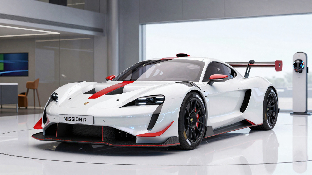 Weißer Porsche Mission R Sportwagen mit roten Akzenten in moderner Garage mit Ladestation.