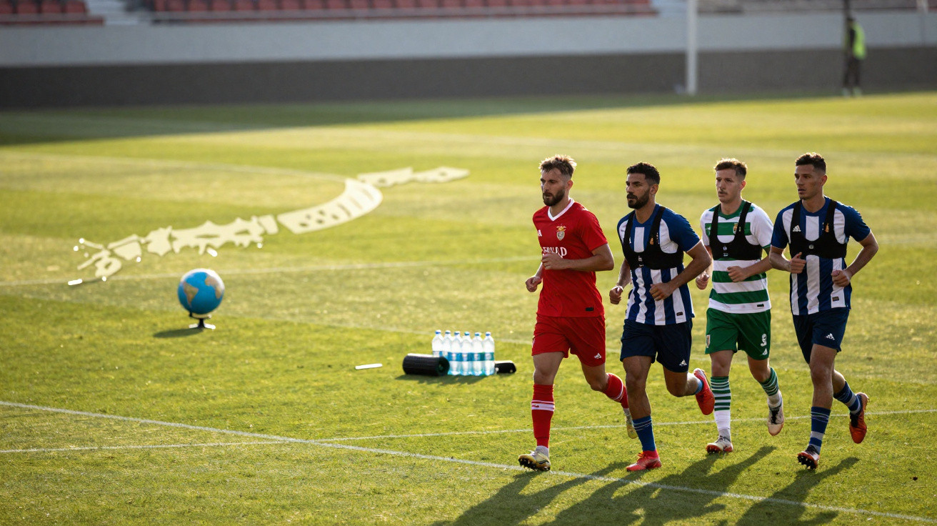 Vier Fußballspieler in Trainingskleidung joggen auf dem Spielfeld im Sonnenschein während einer Pause.