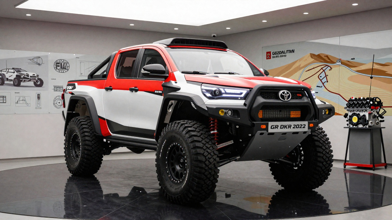 Toyota GR DKR 2022 Rallye-Pickup mit großen Offroad-Reifen und markantem Außendesign in Ausstellungshalle.