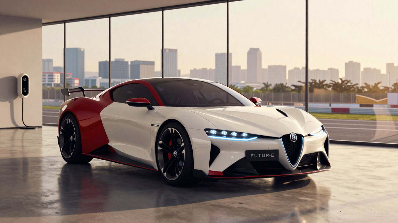 Weiß-rotes Alfa Romeo Elektro-Sportauto in moderner Garage mit Stadtkulisse im Hintergrund.