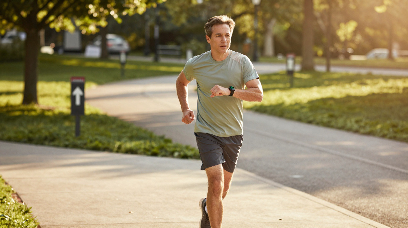 Mann joggt in Sportkleidung auf sonnigem Weg im Park mit Bäumen und Gras im Hintergrund.