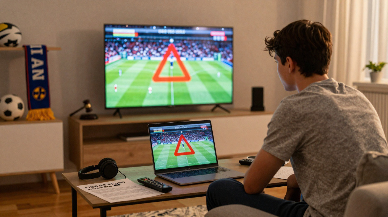 Junger Mann sieht Fußballspiel auf Laptop und Fernseher mit rotem Warnsymbol im Wohnzimmer.