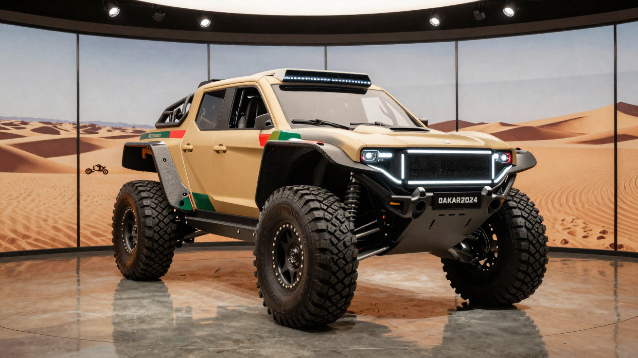 Geländetaugliches Rallye-Fahrzeug mit großen Reifen und LED-Lichtern vor Wüstenkulisse, Kennzeichen DAKAR2024.