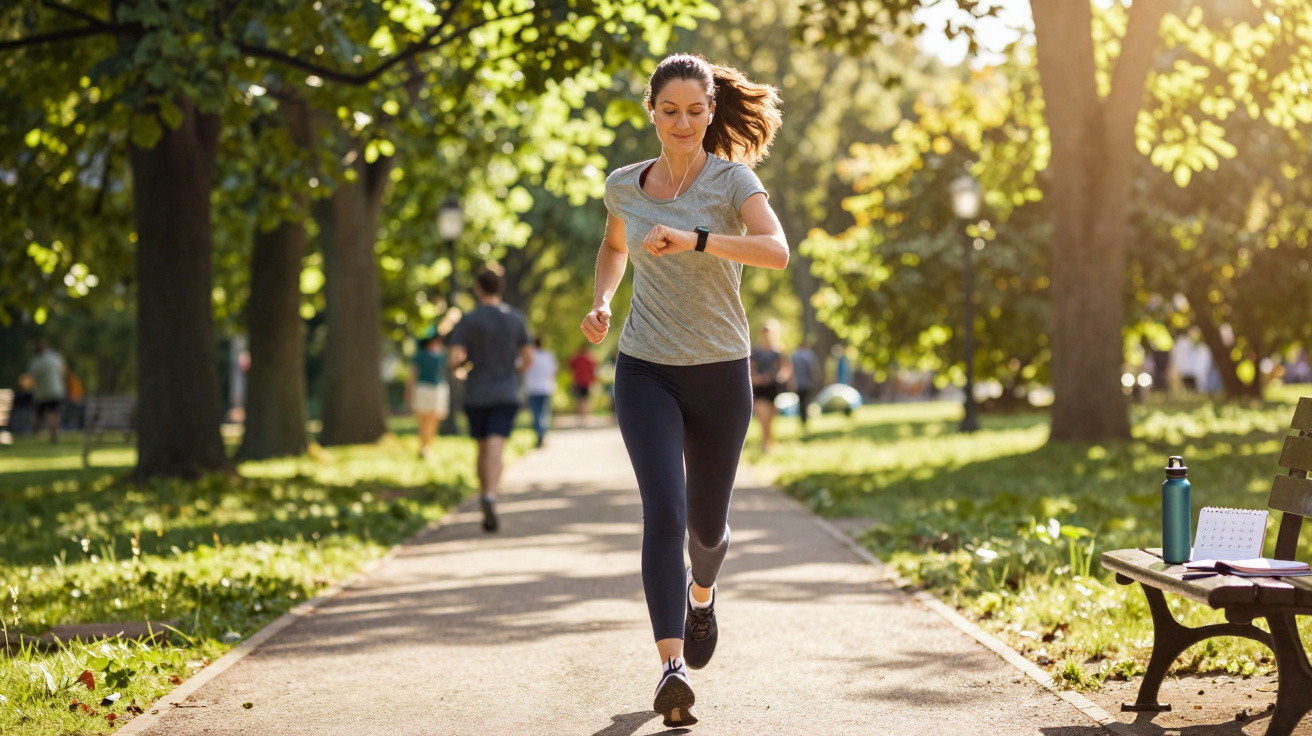 Frau joggt im Park auf sonnigem Weg, trägt Sportkleidung und schaut auf Smartwatch.