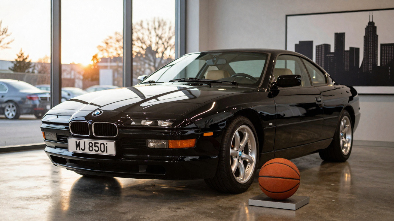 Schwarzer BMW 850i Oldtimer im Ausstellungsraum, neben einem Basketball auf Bodenplatte.