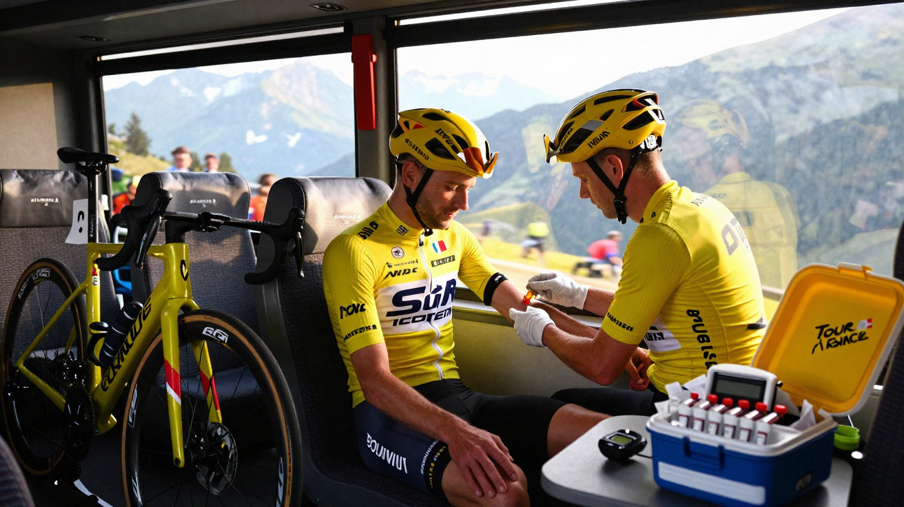 Radprofi in Gelb erhält medizinische Behandlung im Teamfahrzeug mit Rad und Bergblick im Hintergrund.