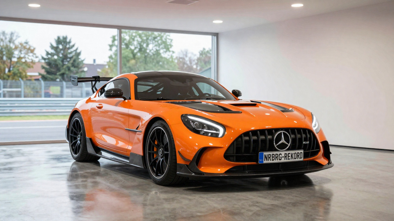 Oranger Mercedes AMG GT Black Series Sportwagen in moderner Garage mit großer Fensterfront.