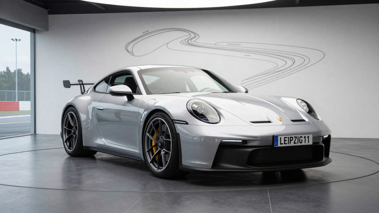 Silberner Porsche 911 GT3 mit Heckflügel auf Ausstellungsgelände vor Wand mit Rennstreckenzeichnung