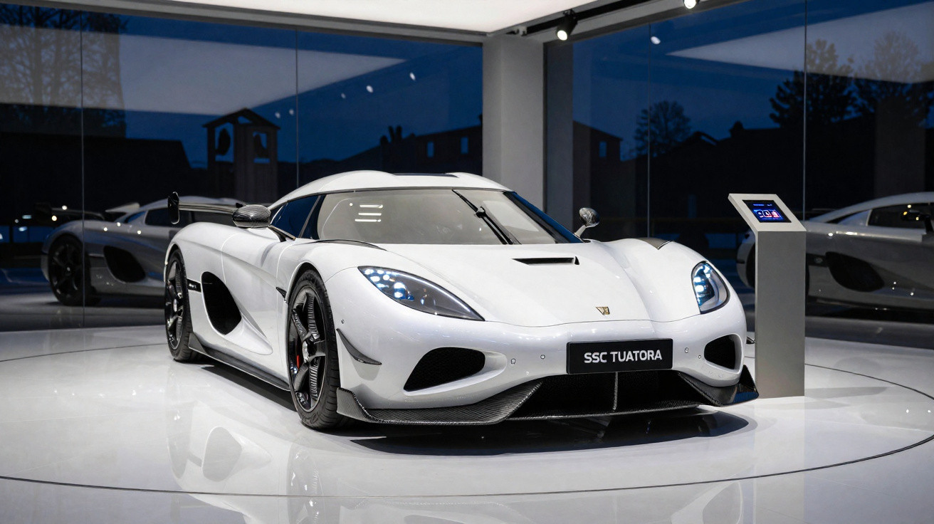 Weißer SSC Tuatara Supersportwagen in moderner Ausstellungshalle mit Glaswänden bei Nacht.