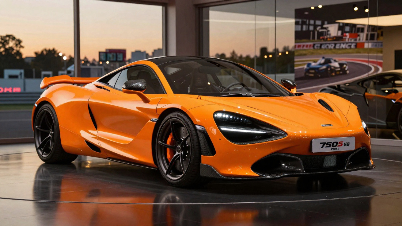 Oranger McLaren 750S V8 Supersportwagen in Ausstellungshalle bei Sonnenuntergang.