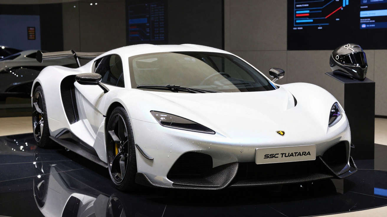 Weißer SSC Tuatara Supersportwagen mit schwarzem Heckflügel in einer Ausstellungshalle.
