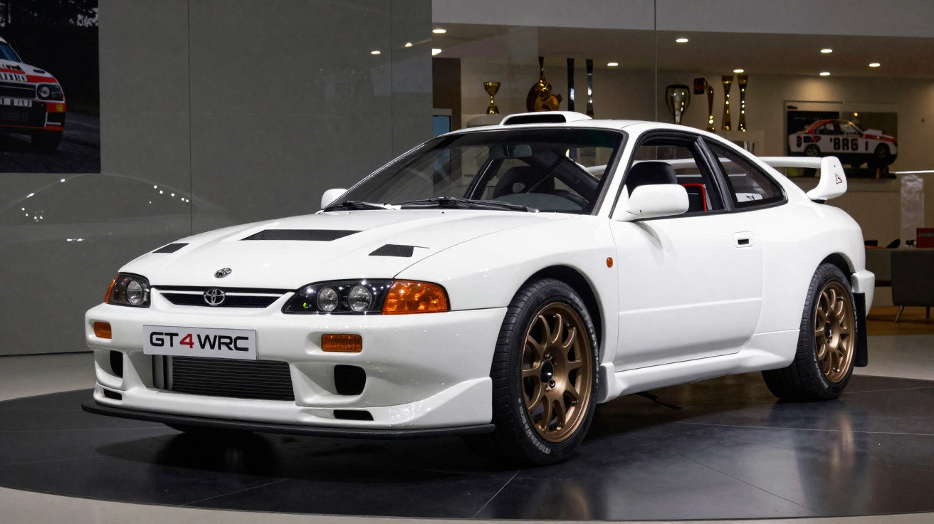Weißer Toyota GT4 WRC Rennwagen mit breiten Kotflügeln und goldenen Felgen in Ausstellungshalle.