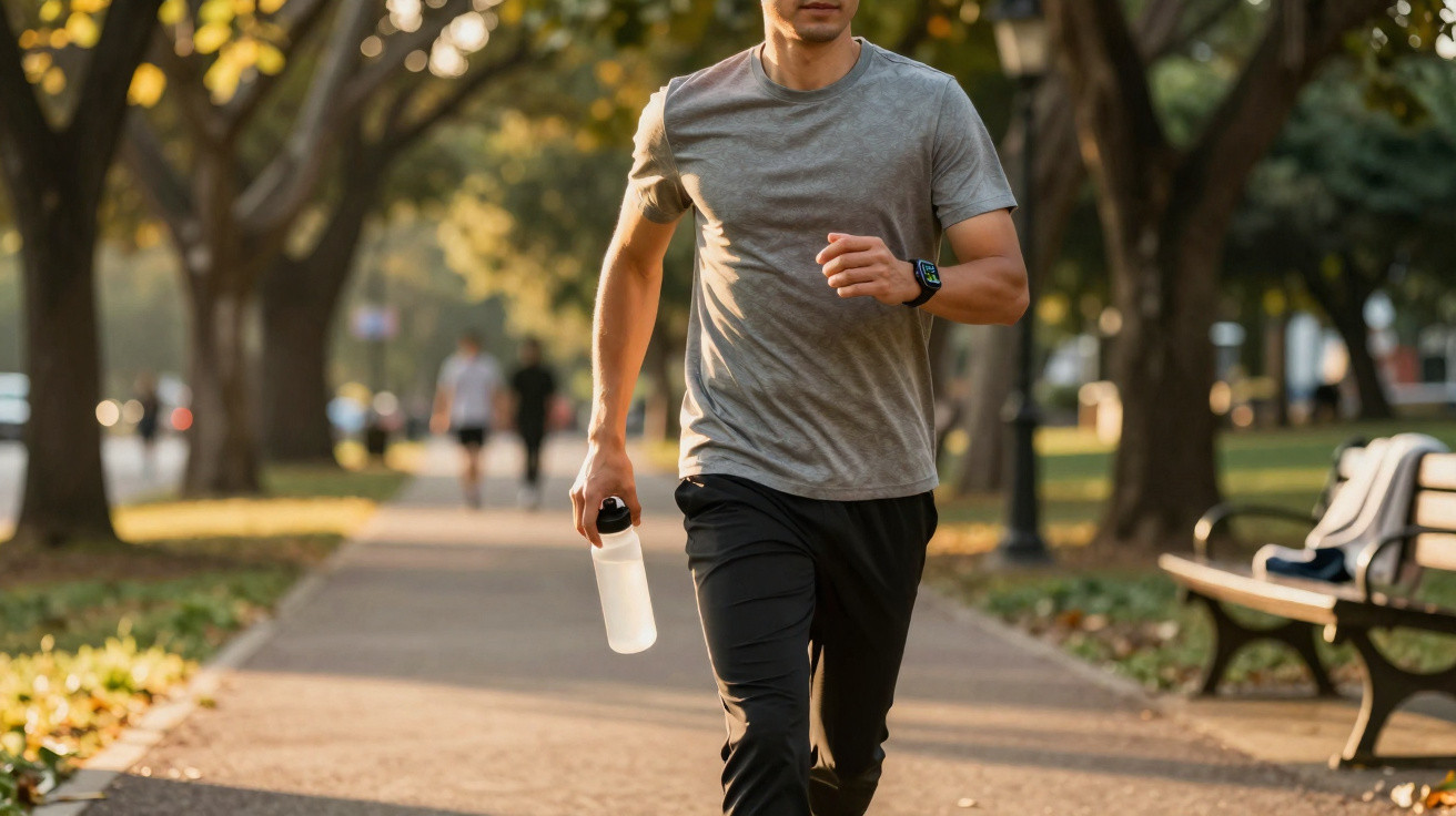 Mann joggt im Park mit grauem T-Shirt, schwarzer Sporthose und Wasserflasche in der Hand.