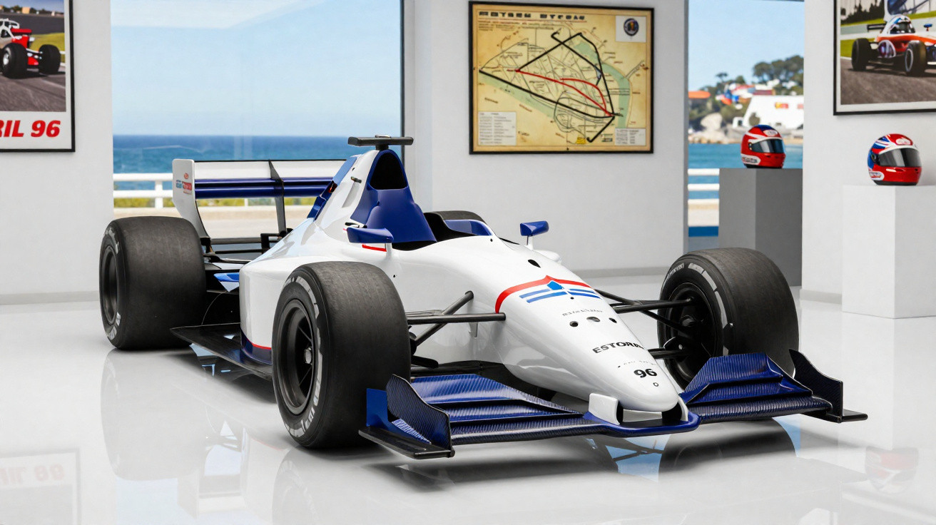 Weiß-blaues Formel-1-Rennauto in modernem Museum mit Rennstreckenplan und Helmen im Hintergrund.