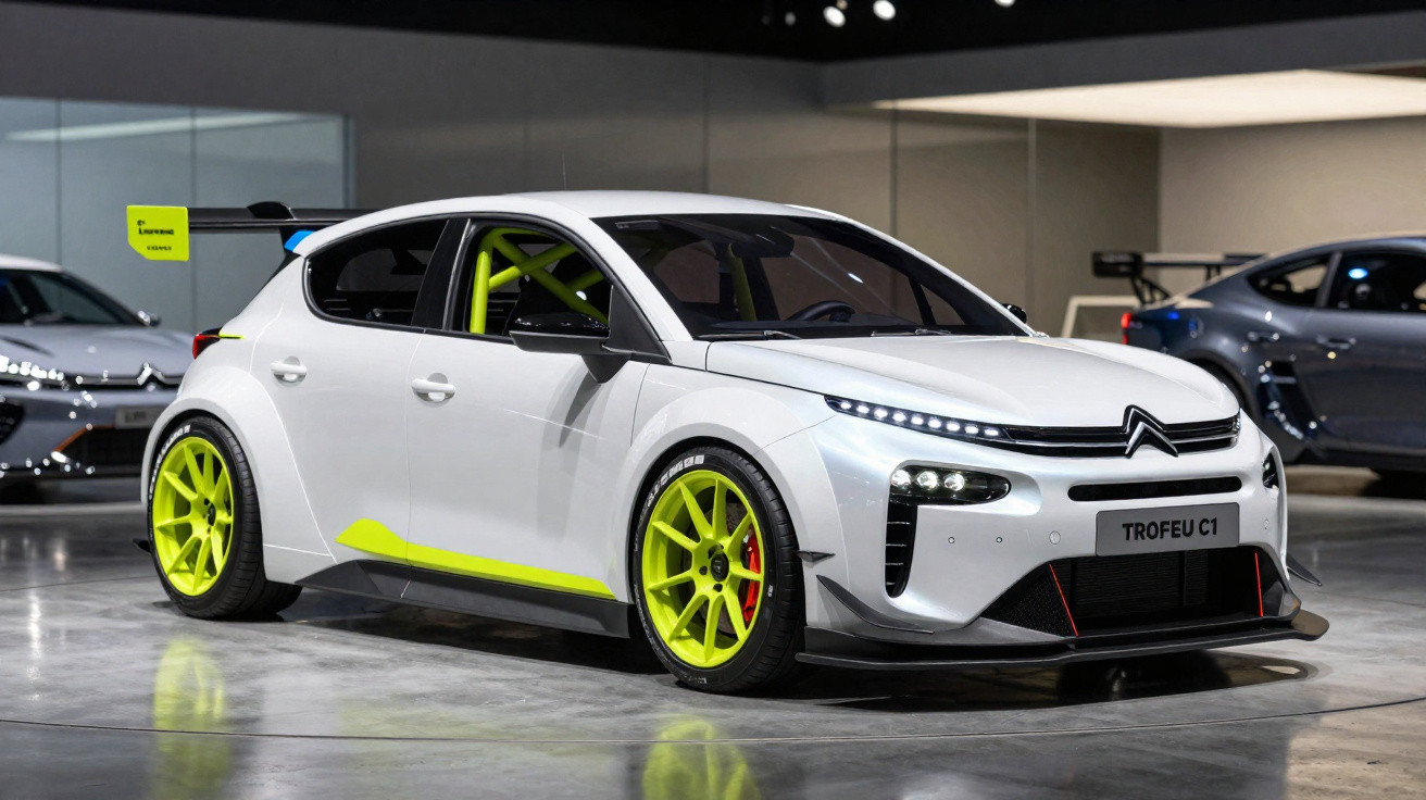 Weißer Citroën Trofeu C1 Rennwagen mit gelben Akzenten und großen Rennflügel in einer Ausstellungshalle.