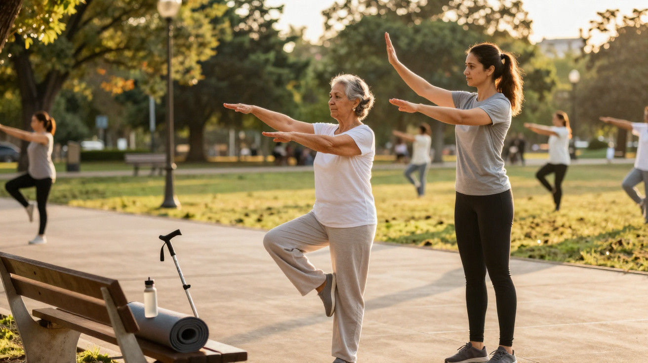 Mehrere Frauen unterschiedlichen Alters praktizieren Tai Chi im Park bei Sonnenlicht.