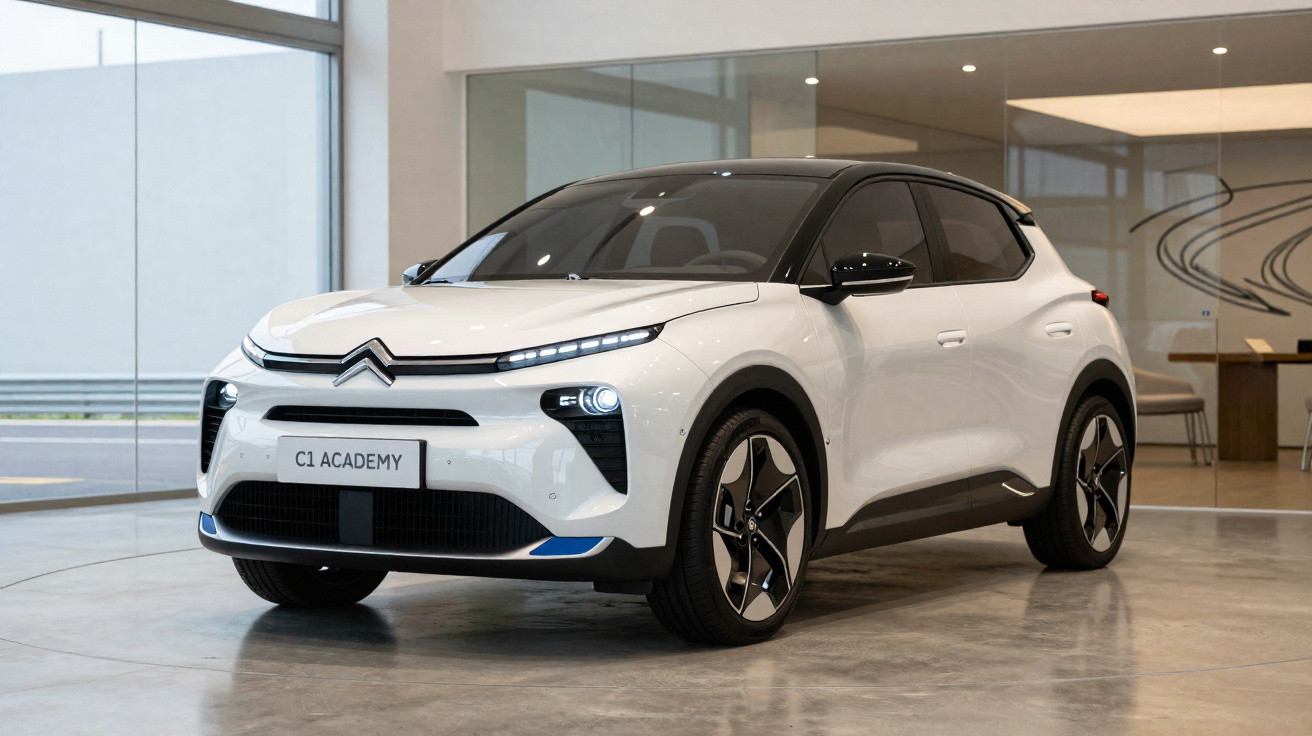 Weißer Citroën C1 Academy Elektro-SUV in modernem Showroom mit großen Glasfenstern.
