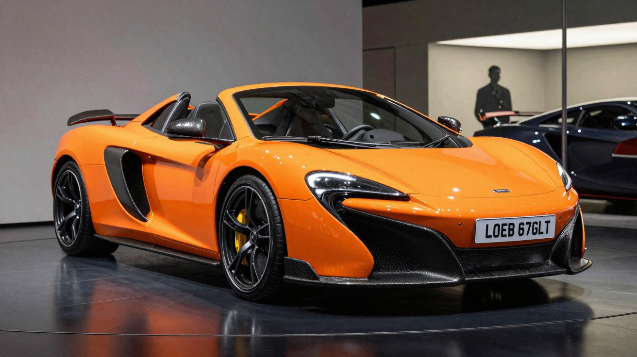Orangefarbener McLaren Sportwagen mit offenem Verdeck in Ausstellungshalle, glänzend auf schwarzem Boden stehend.