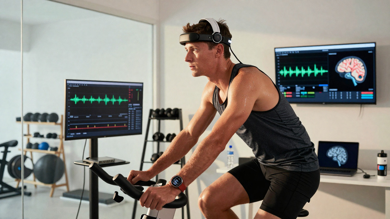 Mann trainiert auf Heimtrainer mit Headset vor Monitoren, die Gehirnwellen und Herzfrequenz anzeigen.