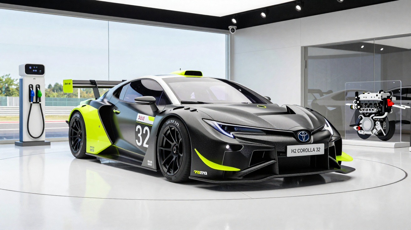 Schwarzer und neon-gelber Toyota H2 Corolla Rennwagen Nr. 32 in hellem Raum neben Ladestation und Motormodell.