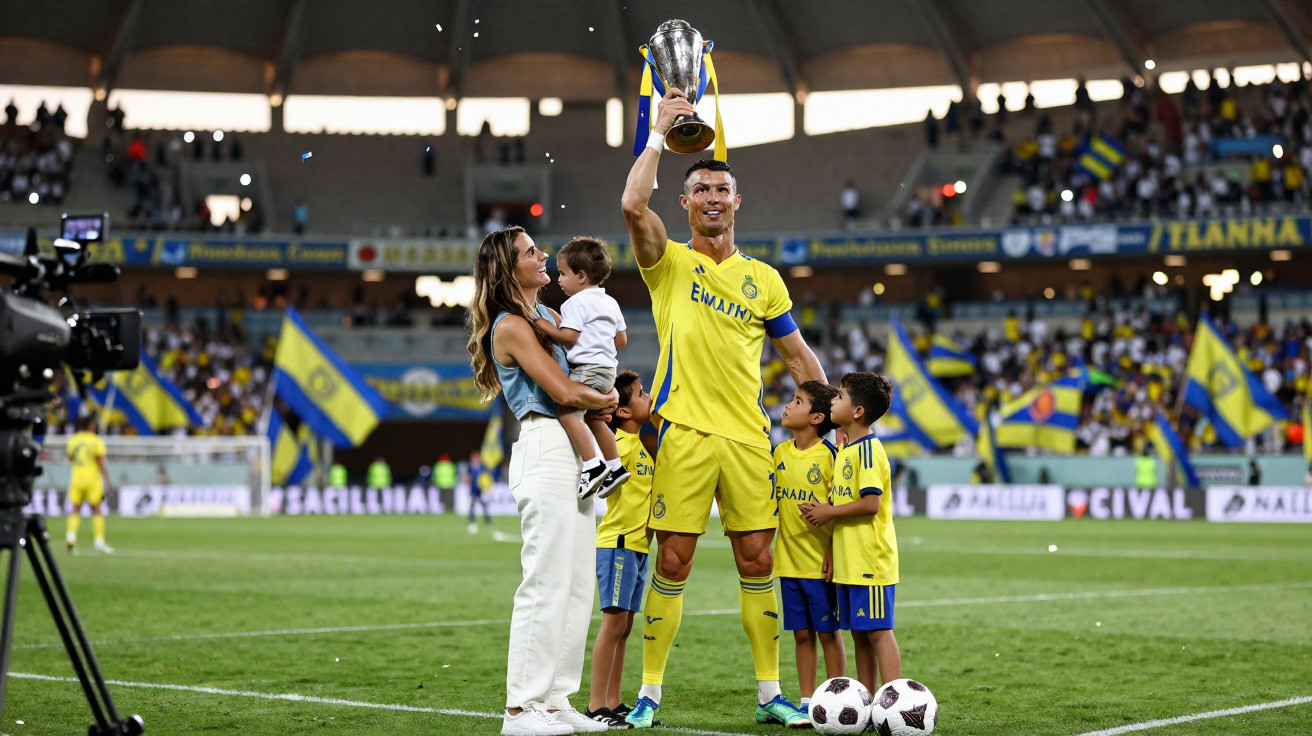 Fußballspieler in gelbem Trikot hebt Pokal im Stadion, Kinder und Frau stehen ihm bewundernd zur Seite.