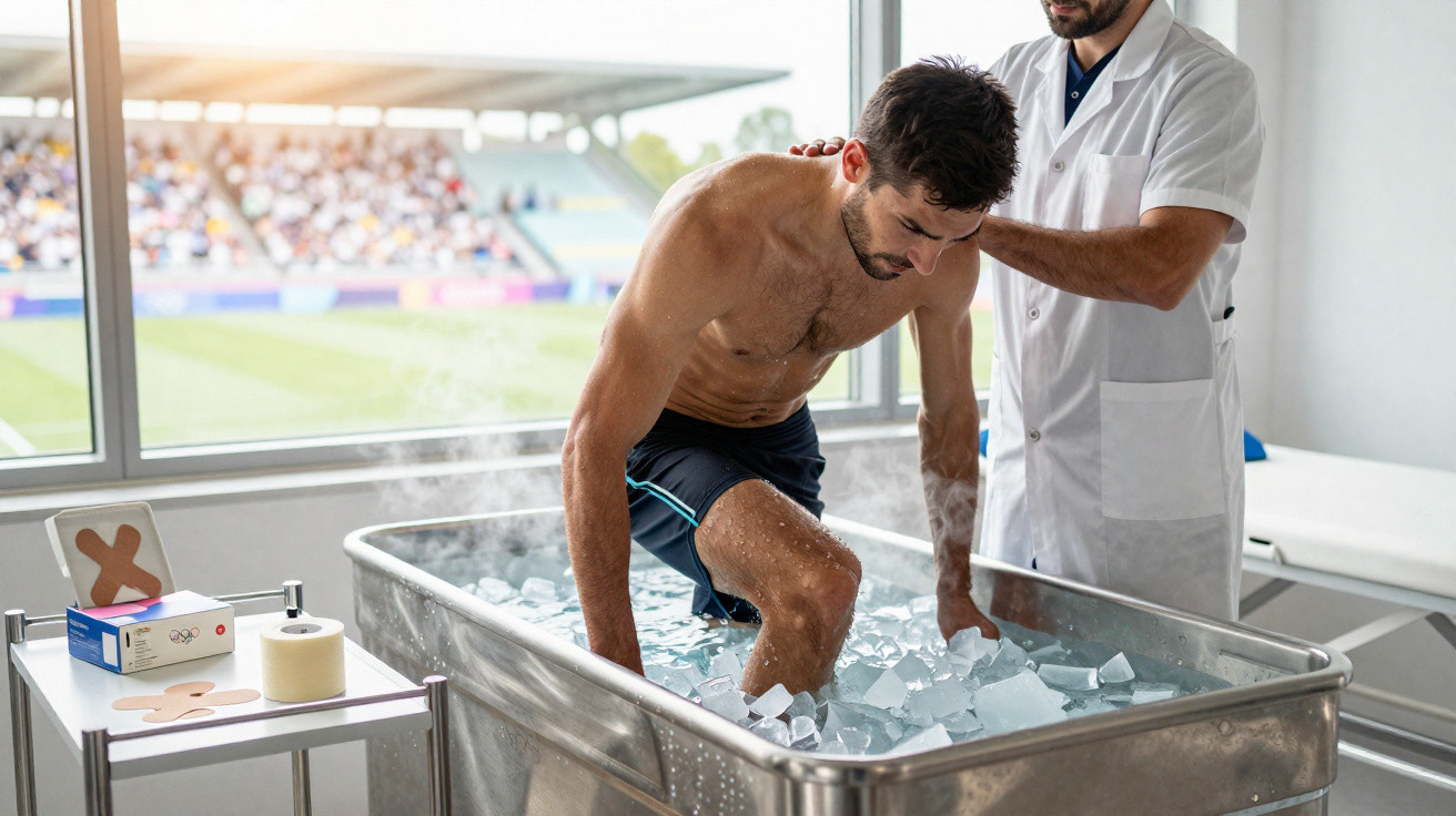 Sportler taucht Bein in Eisbad, während Therapeut seine Schulter stützt im hellen Behandlungsraum.