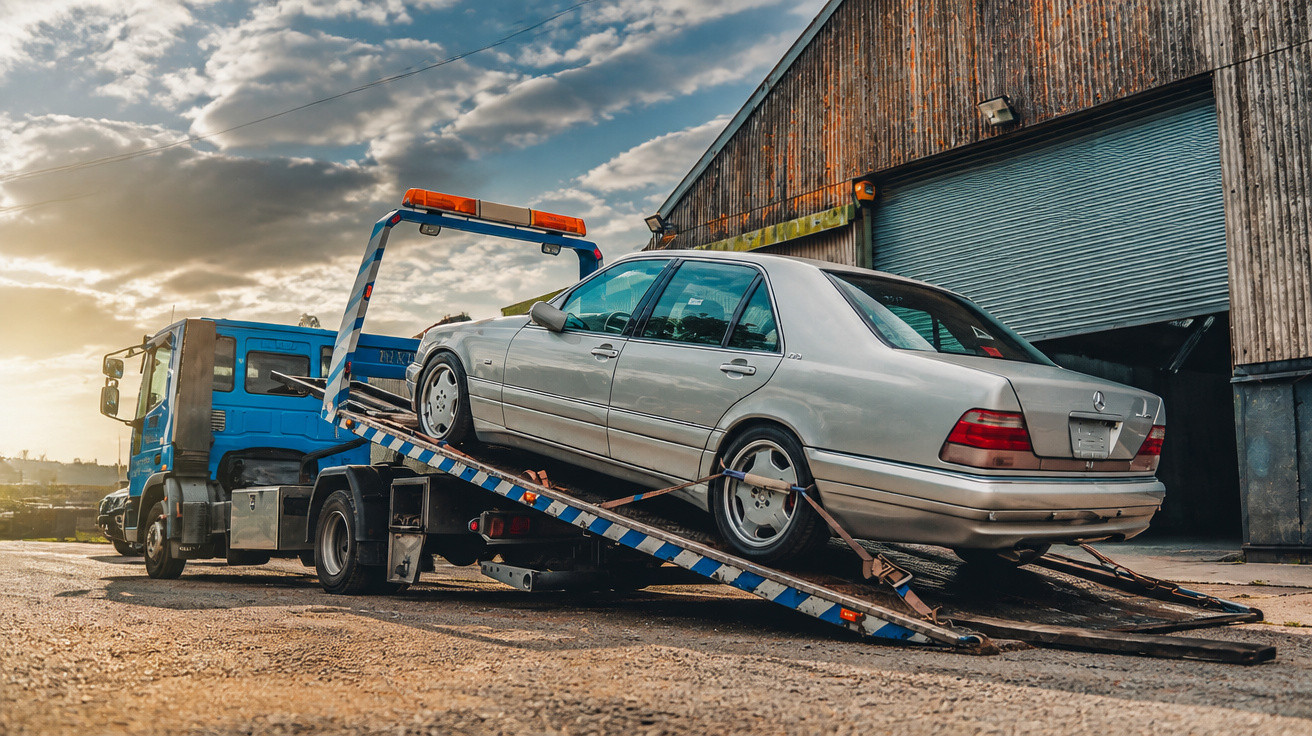 Abschleppwagen lädt einen silbernen Mercedes-Benz Pkw vor einer Industriehalle bei Sonnenuntergang.