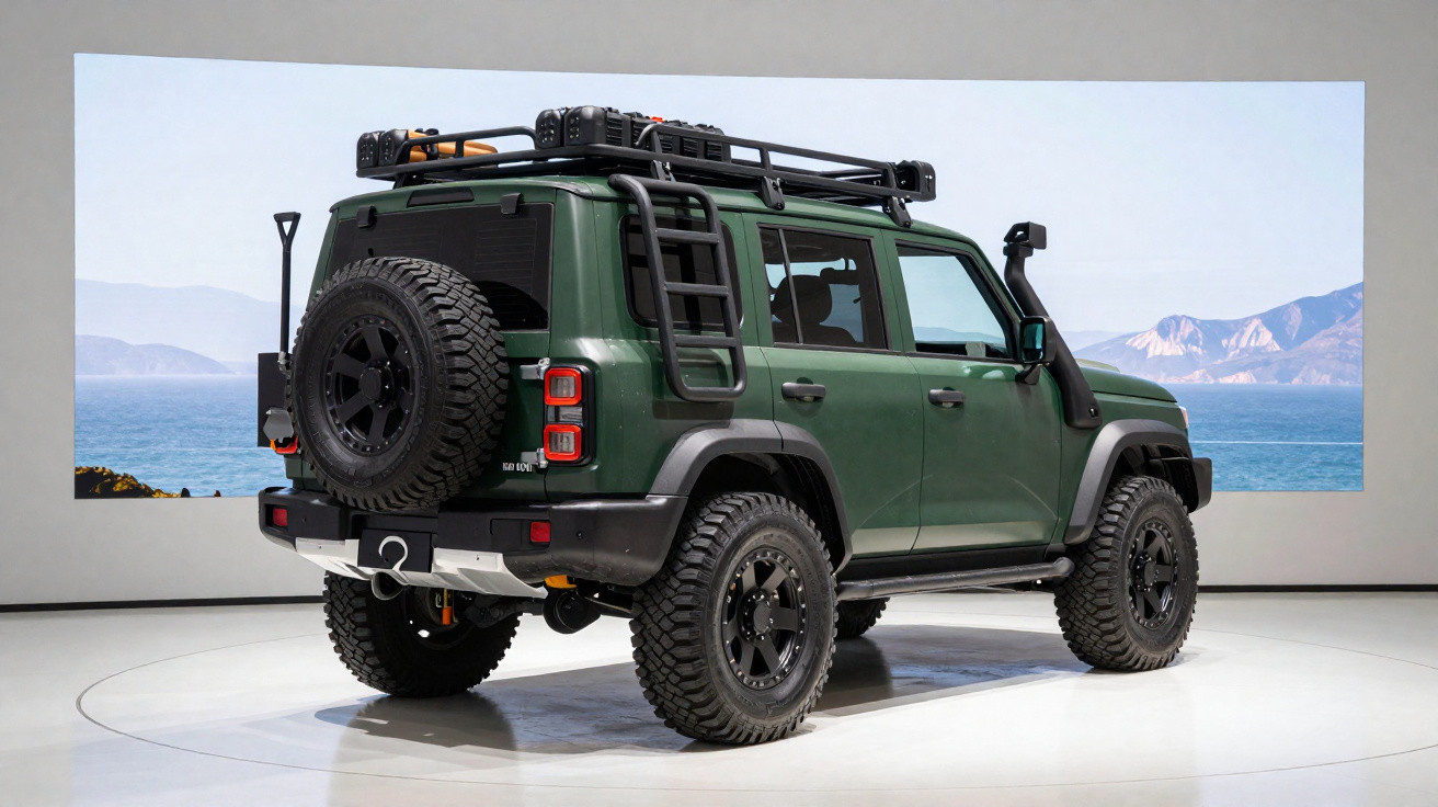 Dunkelgrüner Geländewagen mit Offroad-Reifen, Dachgepäckträger und Ersatzrad auf der Heckklappe in Ausstellungshalle.