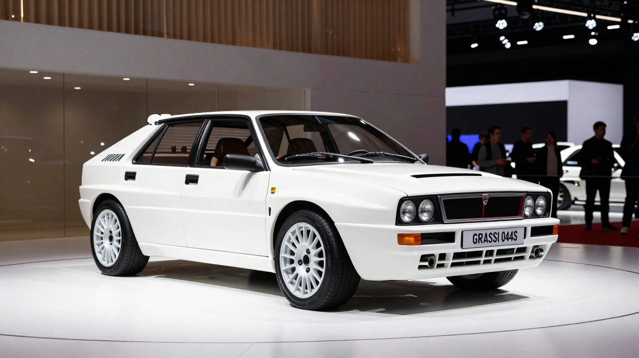 Weißer Lancia Delta Integrale auf einer Messe mit Menschen im Hintergrund.