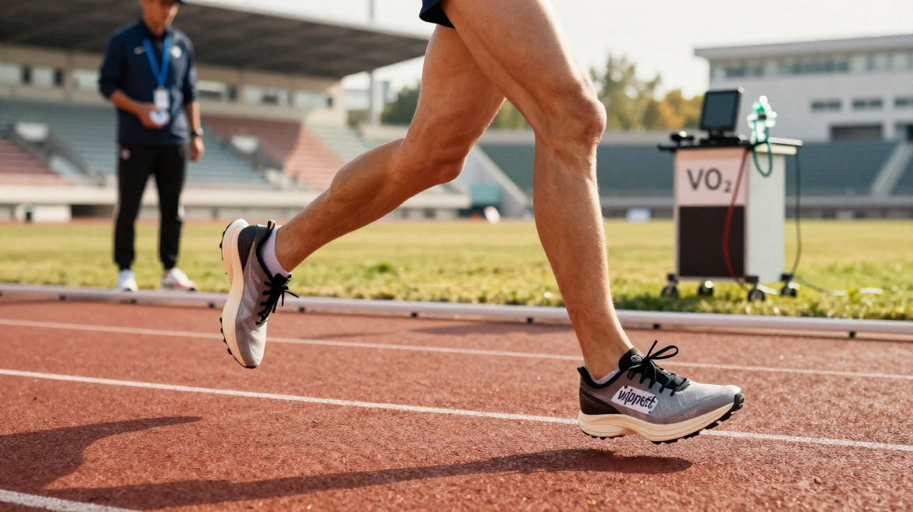 Nahaufnahme eines Läufers in Sportschuhen auf einer Laufbahn, im Hintergrund Messgerät und Trainer.