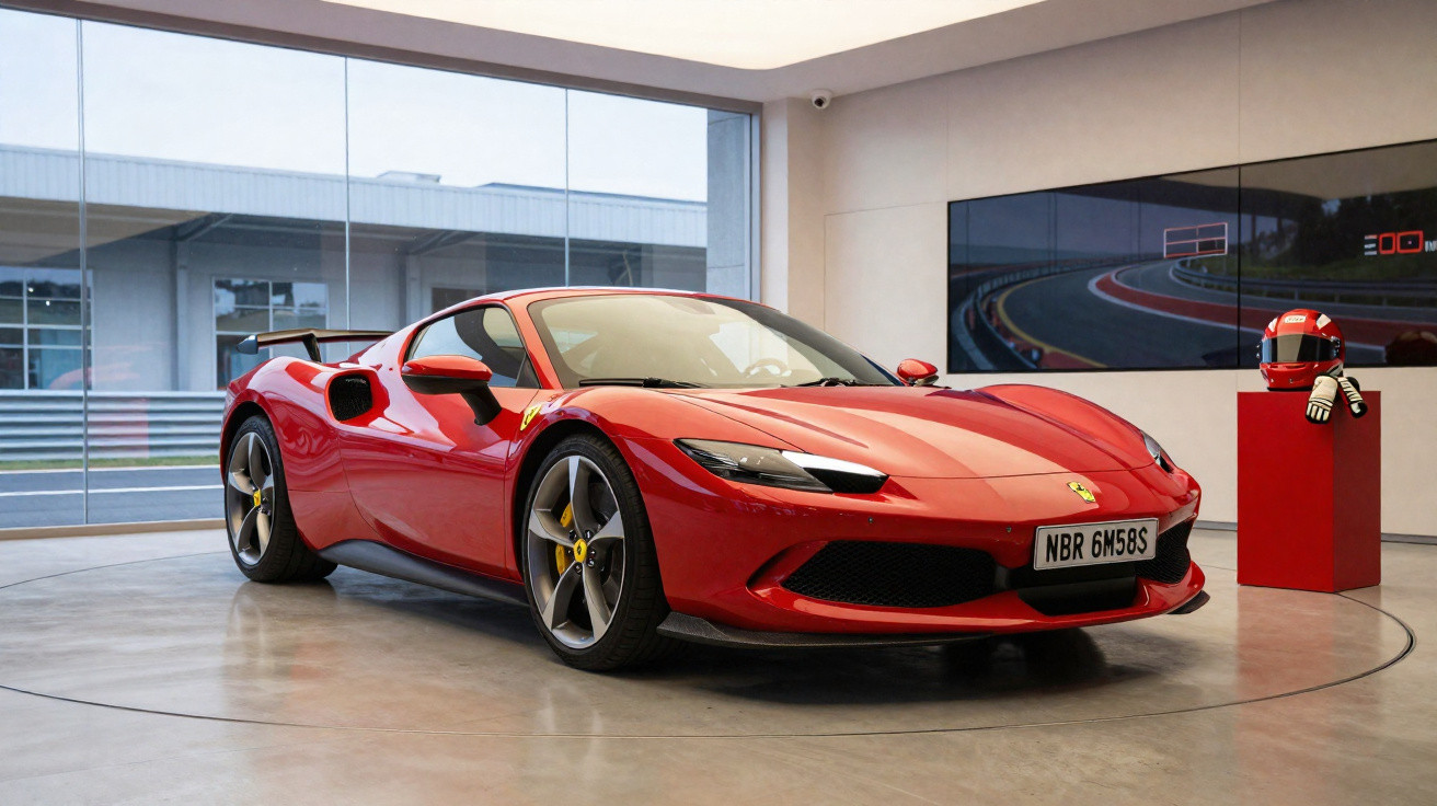 Roter Ferrari Supersportwagen in modernem Ausstellungsraum mit Helm und Handschuhen auf rotem Sockel.