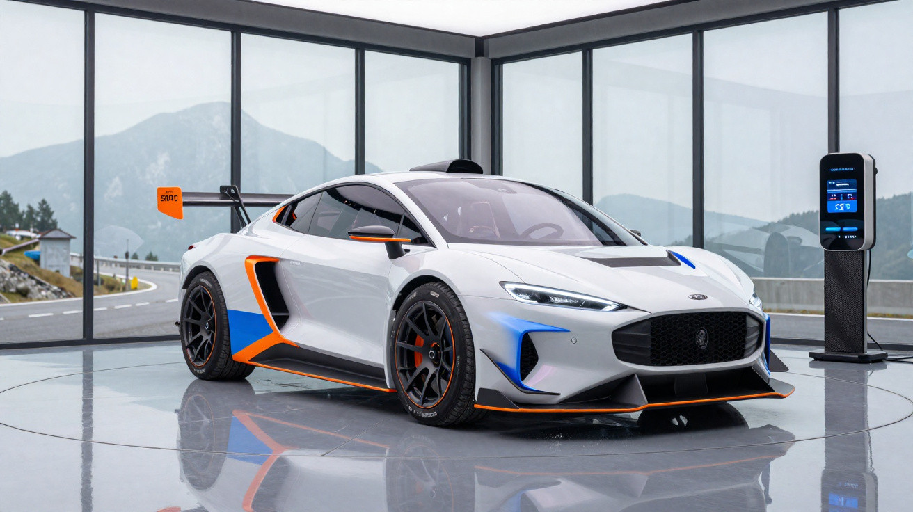 Weißer futuristischer Sportwagen mit blauen und orangen Akzenten in einer Glasgarage mit Bergblick.