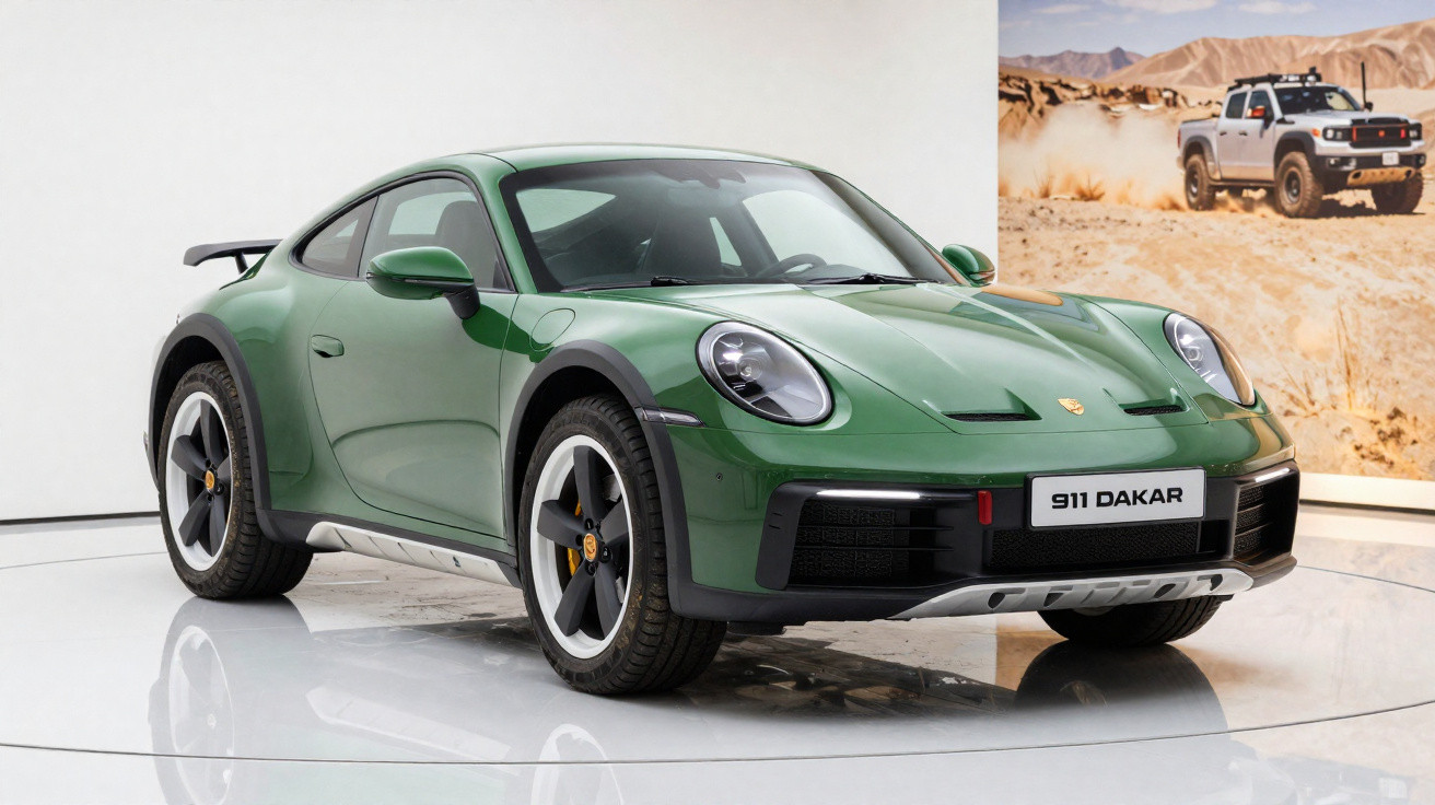 Grüner Porsche 911 Dakar Sportwagen mit breiten Reifen und auffälligem Frontdesign, präsentiert in Ausstellungshalle.
