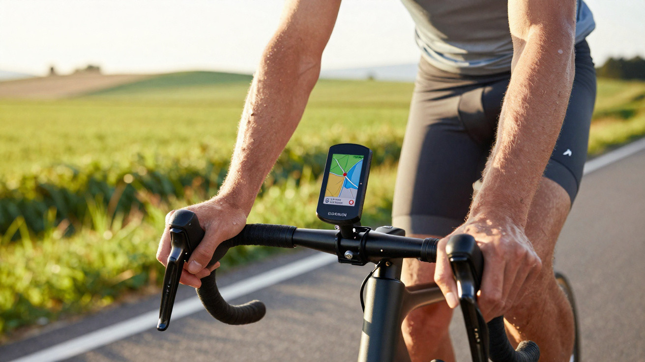 Radfahrer am Lenker mit GPS-Navigationsgerät auf einer ländlichen Straße bei Sonnenschein.