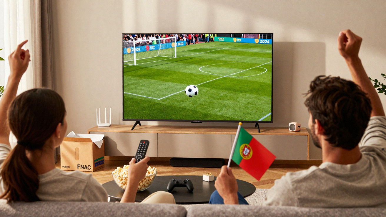 Zuschauer schauen gespannt ein Fußballspiel im Wohnzimmer auf dem Fernseher, einer hält eine Portugal-Fahne.