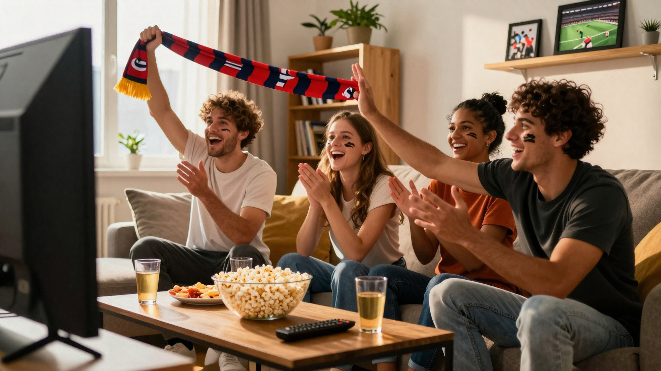 Junge Menschen mit Fan-Schals und Schminke jubeln vor dem Fernseher beim Fußballspiel im Wohnzimmer.