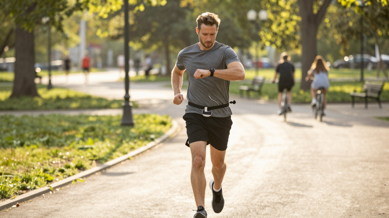 Mann joggt in Sportkleidung auf einem sonnigen Parkweg und schaut auf seine Smartwatch.