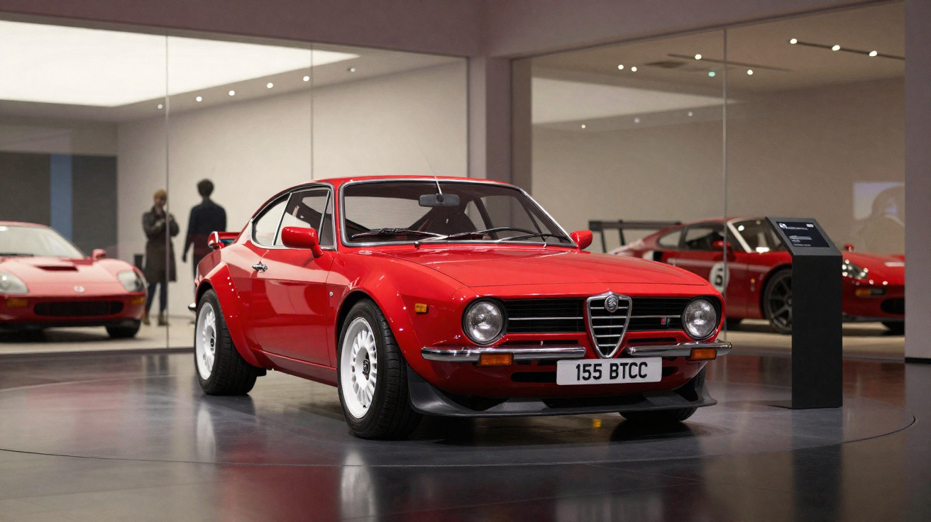 Roter Alfa Romeo Klassiker im Museum mit Spiegelwänden und Informationsschild neben dem Fahrzeug.