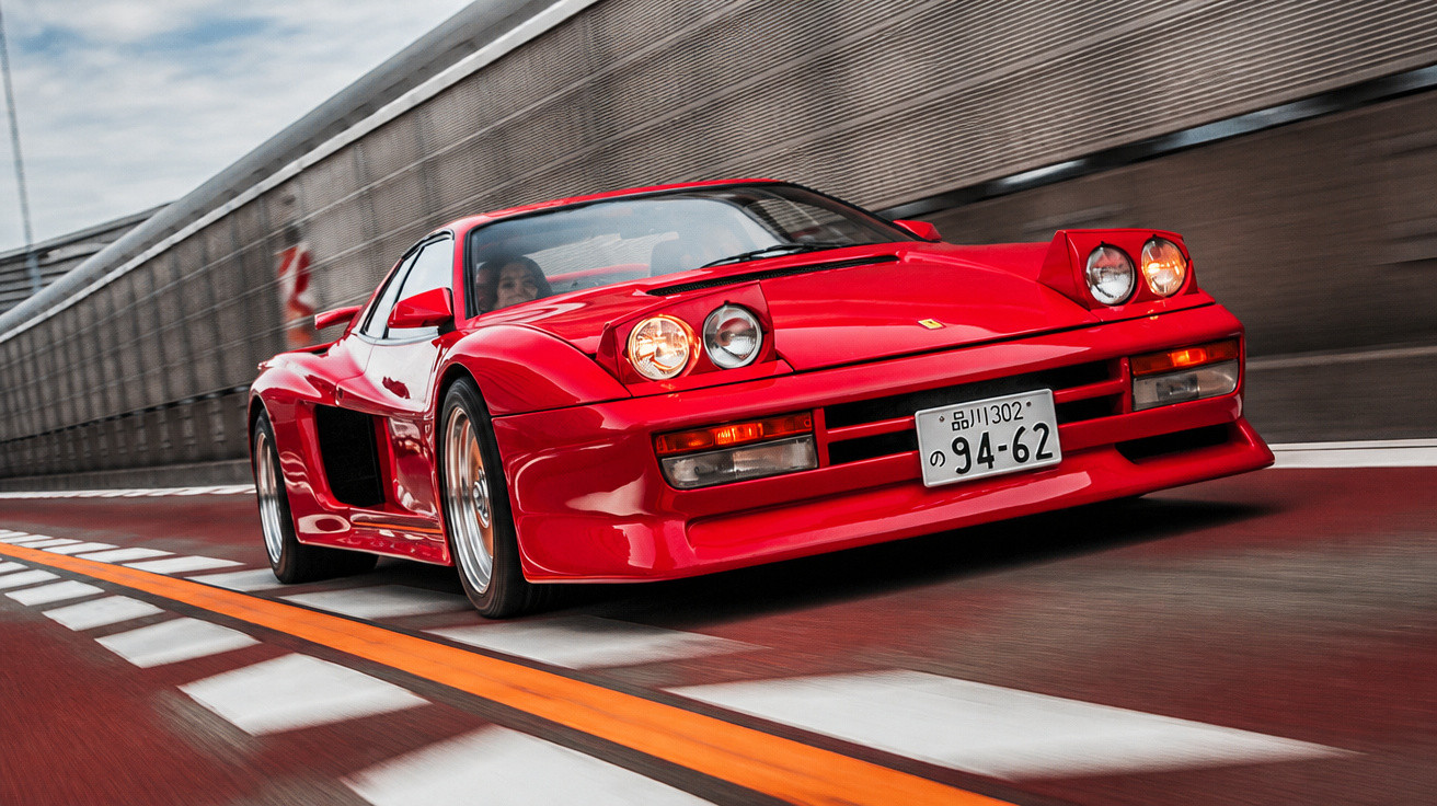 Roter Ferrari 288 GTO mit japanischem Nummernschild fährt schnell auf einer kurvigen Straße.