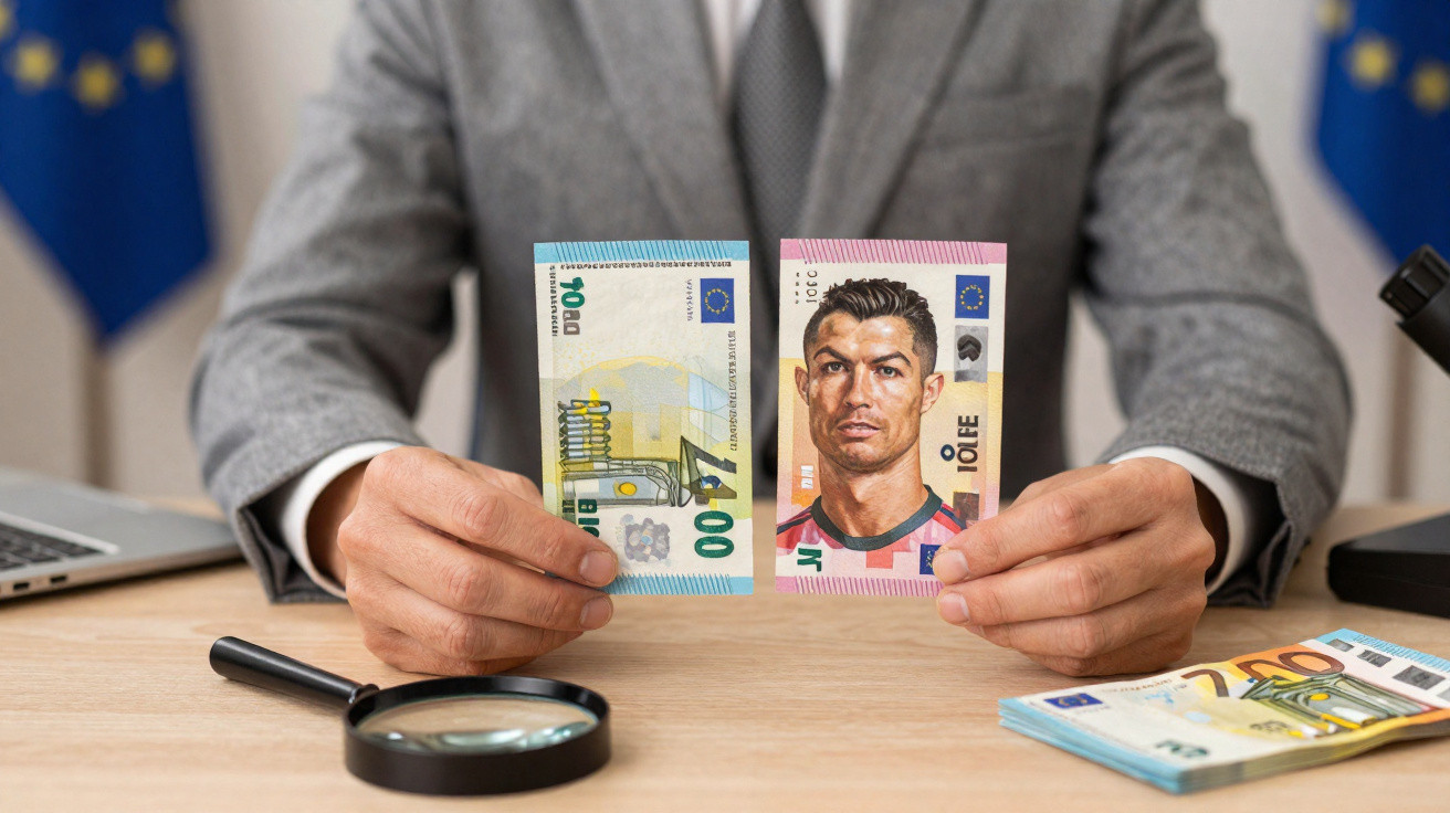 Person in Anzug hält gefälschte 100-Euro-Scheine mit Fußballerporträt, Lupe auf Tisch, EU-Flaggen im Hintergrund.