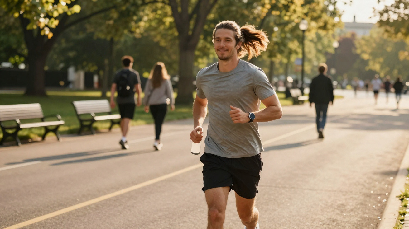 Junger Mann joggt bei Sonne im Park, trägt graues Shirt, schwarzen Shorts und hält Wasserflasche in der Hand.