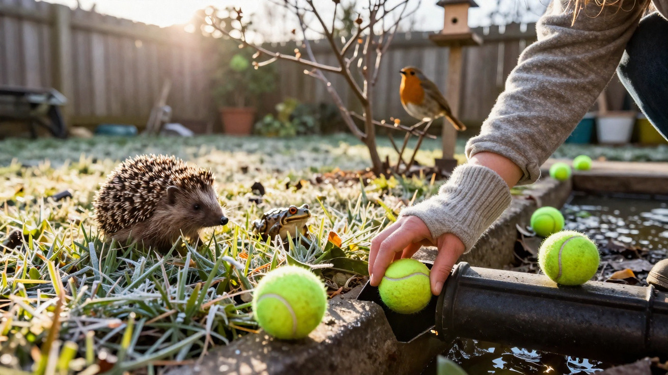 Kind legt Tennisbälle in Garten mit Igel, Frosch und Vogel auf winterlichem Gras voller Raureif.
