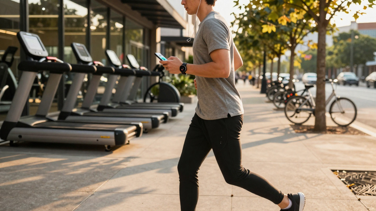 Mann in Sportkleidung joggt auf Bürgersteig mit Kopfhörern und Smartphone, neben mehreren Laufbändern und Fahrrädern.