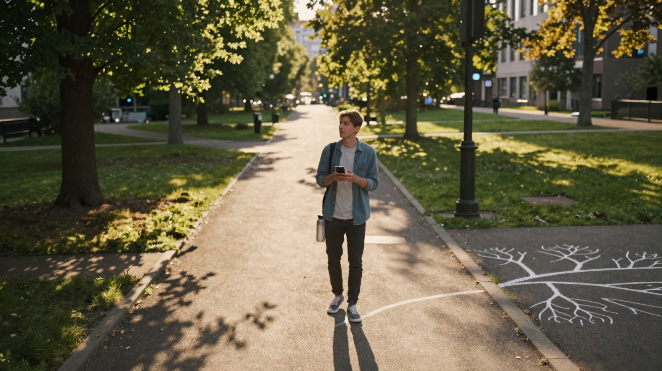 Junger Mann mit Handy geht auf sonnigem Weg in Park mit Bäumen und bemalten Wurzeln am Boden.