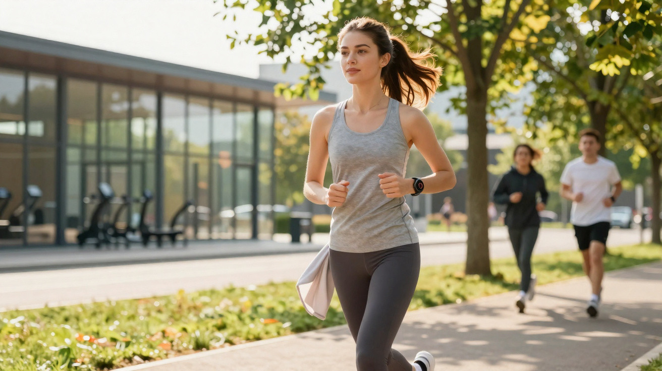 Junge Frau joggt im grauen Tanktop und Sportleggings auf einem sonnigen Gehweg, im Hintergrund zwei weitere Läufer.